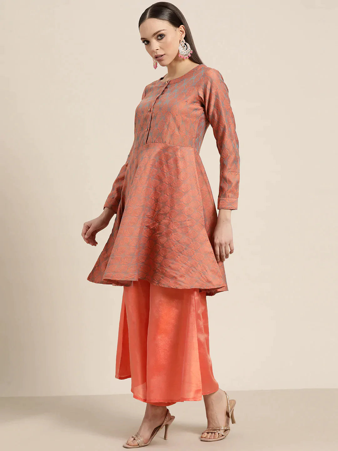 Jompers Women's Floral Pleated Dupion Silk Jacquard Kurta with Palazzos & Dupatta - Orange - Distacart