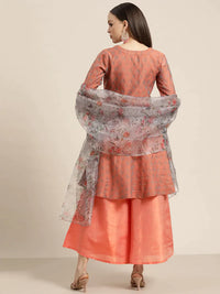 Thumbnail for Jompers Women's Floral Pleated Dupion Silk Jacquard Kurta with Palazzos & Dupatta - Orange - Distacart