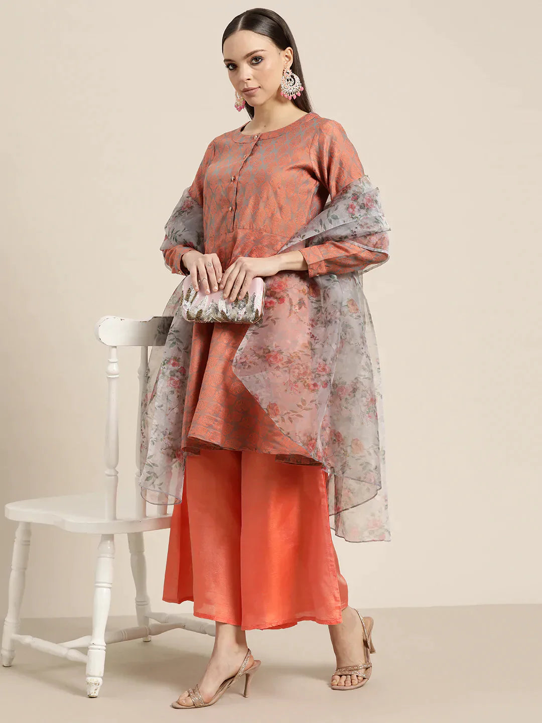 Jompers Women's Floral Pleated Dupion Silk Jacquard Kurta with Palazzos & Dupatta - Orange - Distacart
