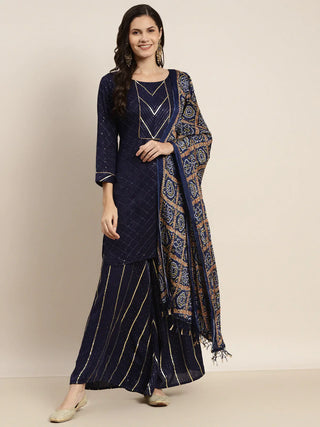 Jompers Women's Embroidered Sequinned Kurta with Palazzos & Dupatta - Navy Blue - Distacart