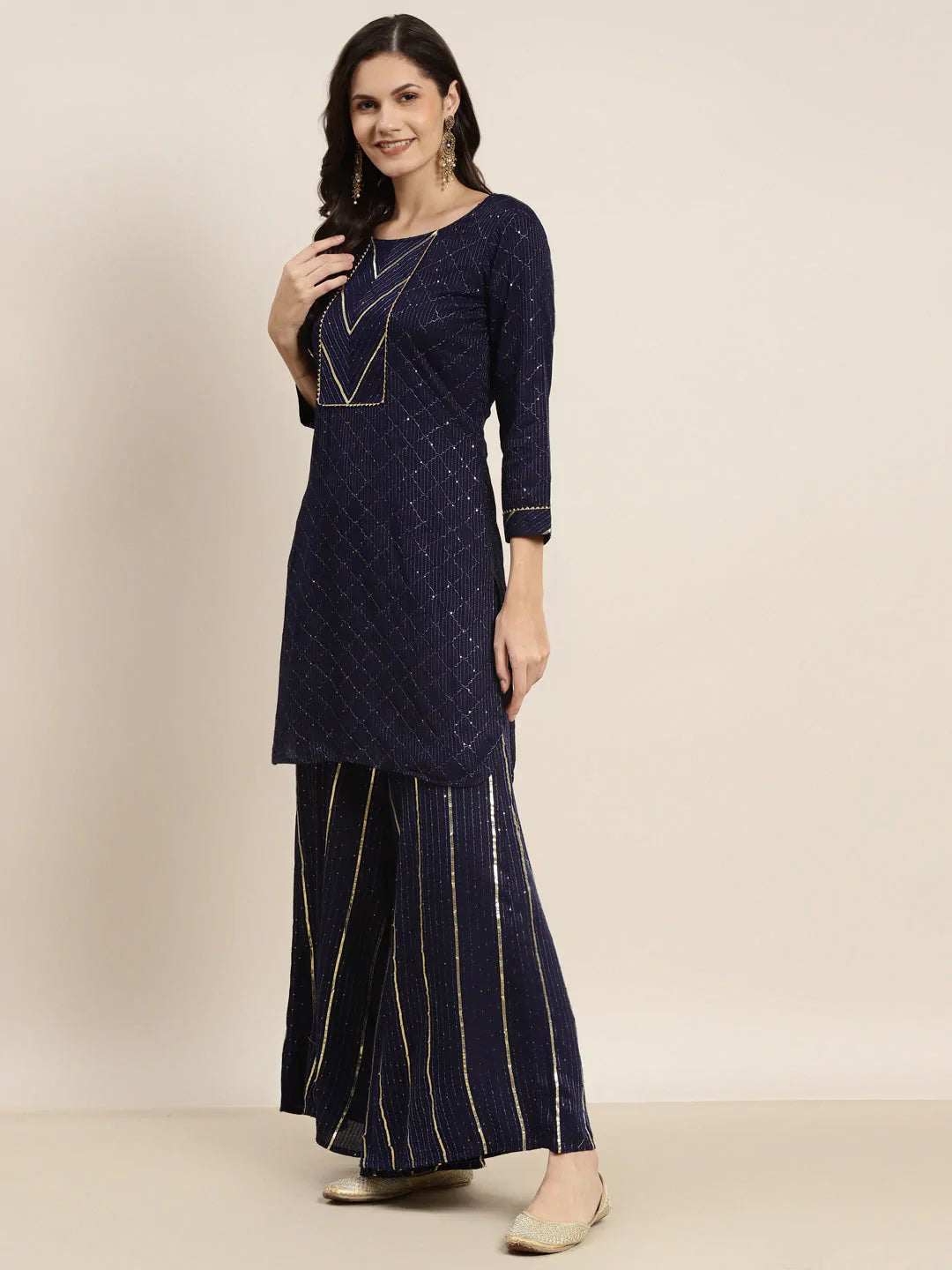 Jompers Women's Embroidered Sequinned Kurta with Palazzos & Dupatta - Navy Blue - Distacart