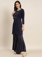 Thumbnail for Jompers Women's Embroidered Sequinned Kurta with Palazzos & Dupatta - Navy Blue - Distacart