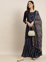Thumbnail for Jompers Women's Embroidered Sequinned Kurta with Palazzos & Dupatta - Navy Blue - Distacart