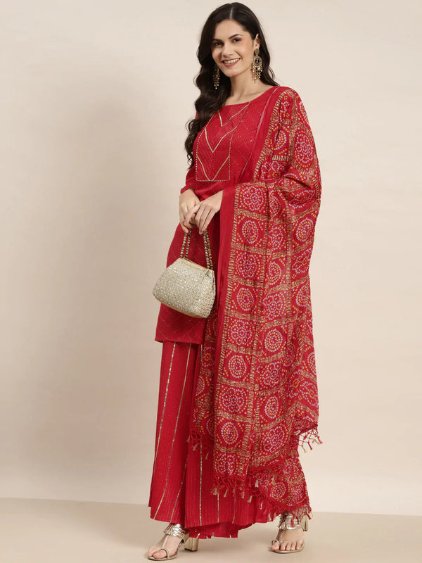 Jompers Women's Embroidered Sequinned Kurta with Palazzos & Dupatta - Red - Distacart