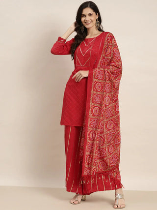 Jompers Women's Embroidered Sequinned Kurta with Palazzos & Dupatta - Red - Distacart