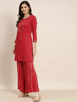 Thumbnail for Jompers Women's Embroidered Sequinned Kurta with Palazzos & Dupatta - Red - Distacart