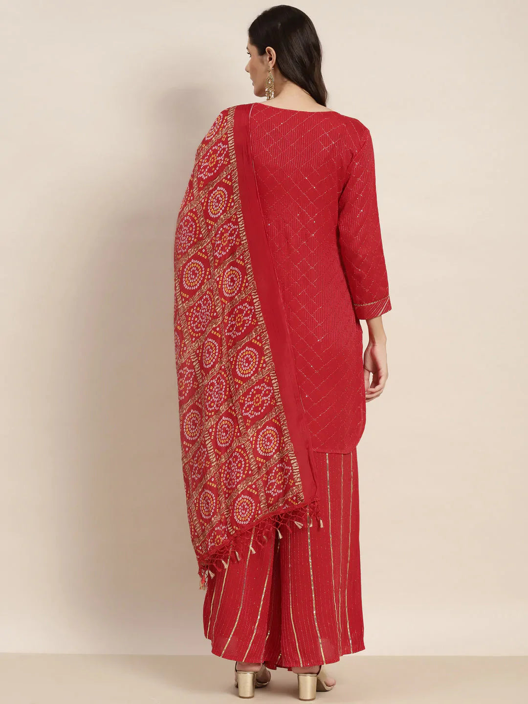 Jompers Women's Embroidered Sequinned Kurta with Palazzos & Dupatta - Red - Distacart