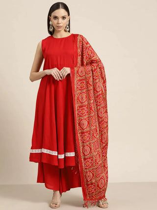 Jompers Women's Kurta with Palazzos & print Dupatta - Red - Distacart
