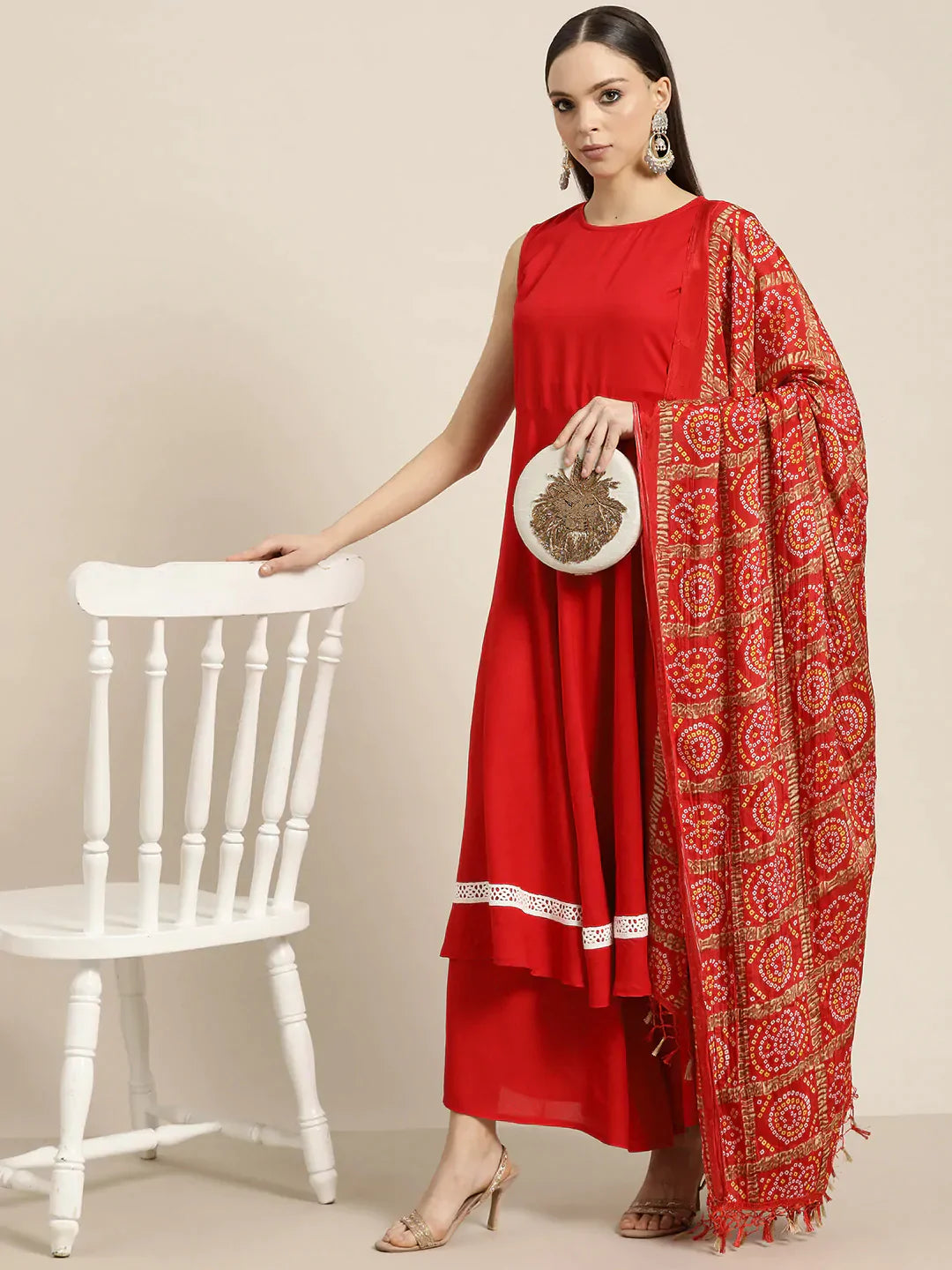 Jompers Women's Kurta with Palazzos & print Dupatta - Red - Distacart
