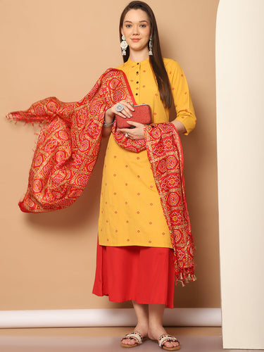 Women Woven Design Kurta With Palazzos & With Dupatta (yellow) - Rasiya