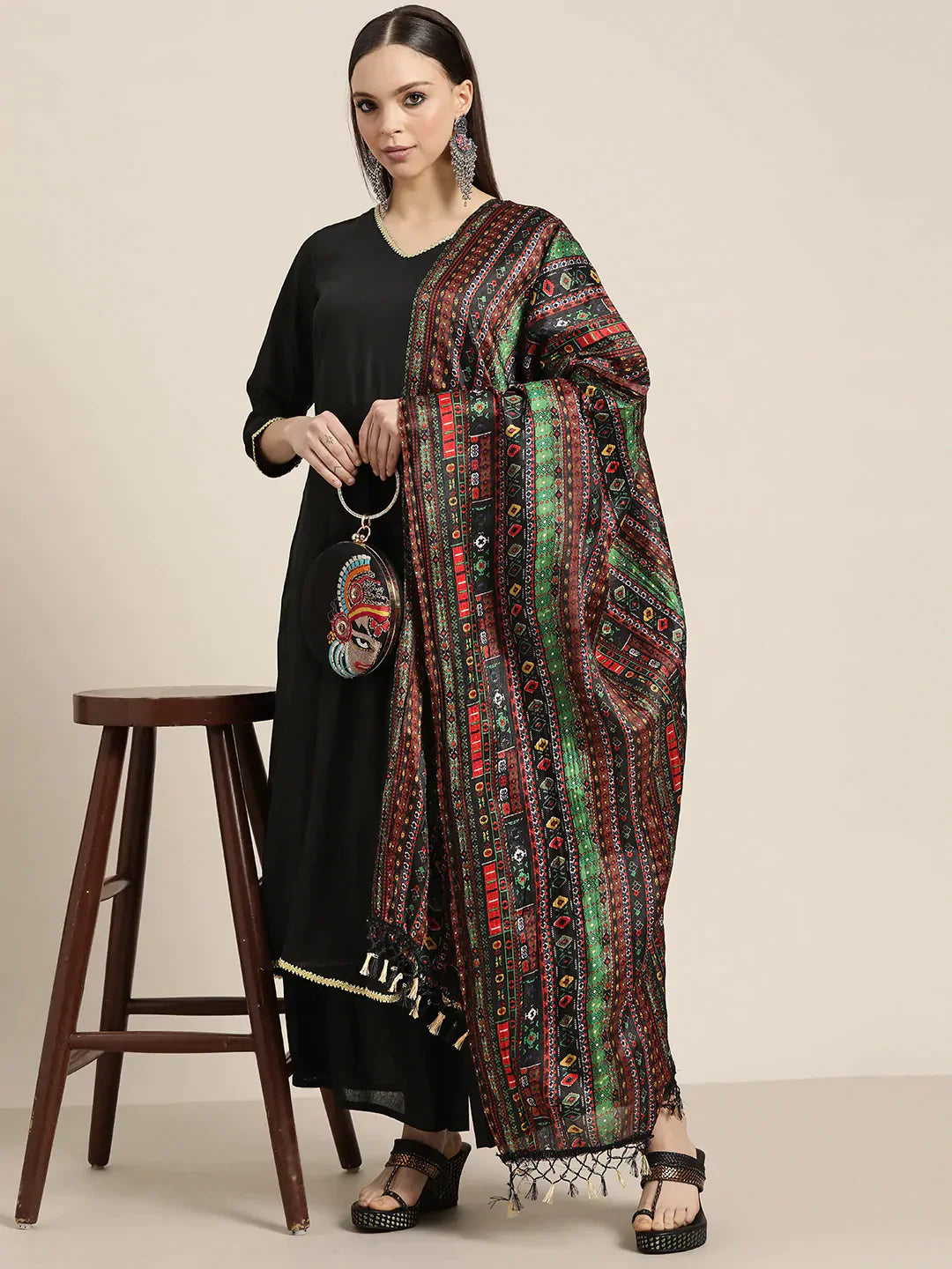 Jompers Women's Kurta with Palazzos & print Dupatta - Black - Distacart