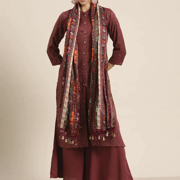Jompers Women's Maroon Floral Embroidered Mukaish Kurta with Palazzos & Dupatta - Distacart