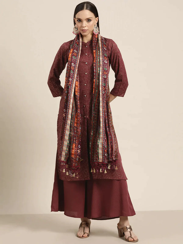 Jompers Women's Maroon Floral Embroidered Mukaish Kurta with Palazzos & Dupatta - Distacart