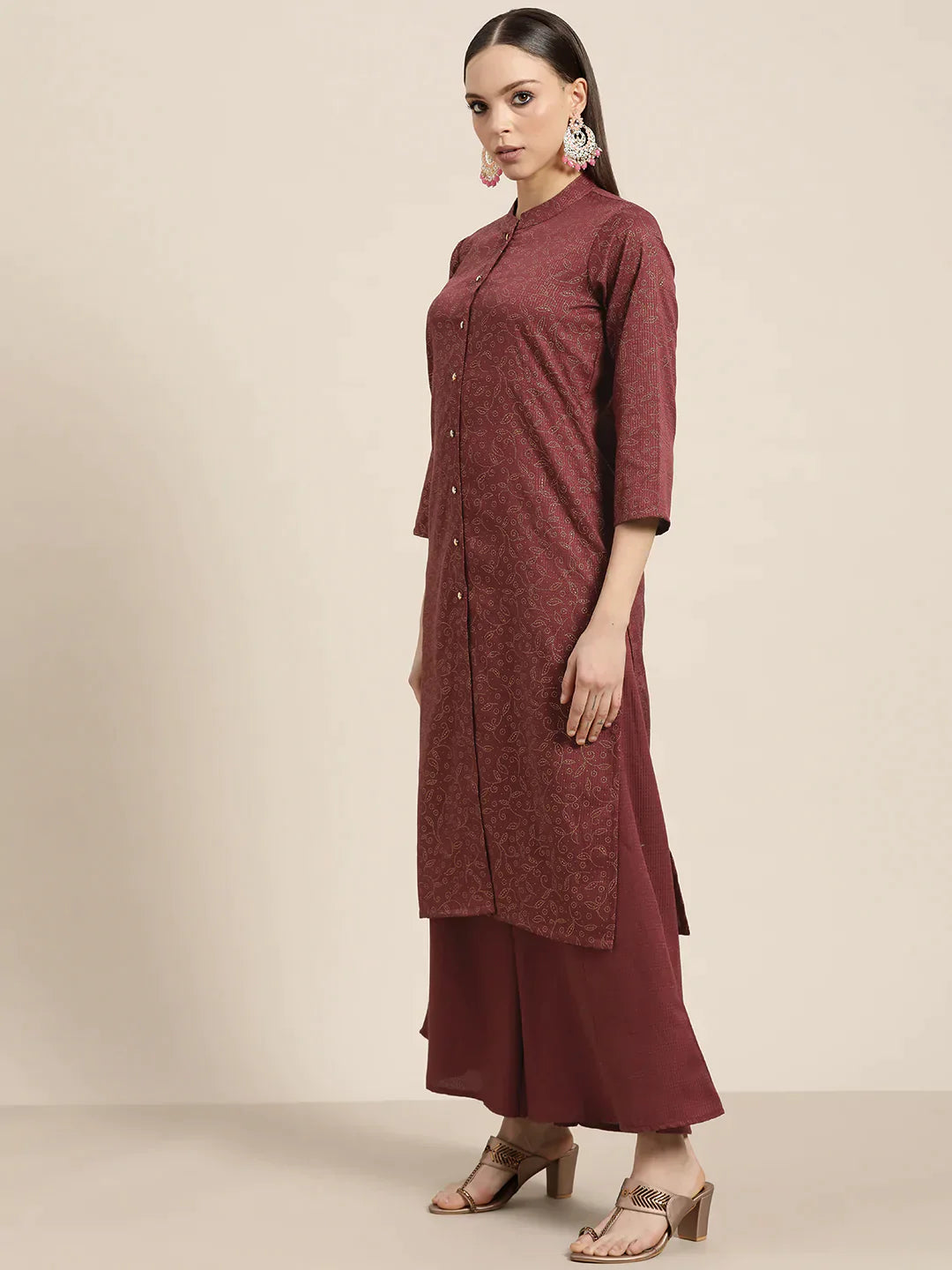 Jompers Women's Maroon Floral Embroidered Mukaish Kurta with Palazzos & Dupatta - Distacart