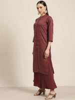 Thumbnail for Jompers Women's Maroon Floral Embroidered Mukaish Kurta with Palazzos & Dupatta - Distacart