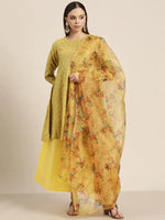 Thumbnail for Jompers Women's Floral Pleated Dupion Silk Jacquard Kurta with Palazzos & Dupatta - Yellow - Distacart