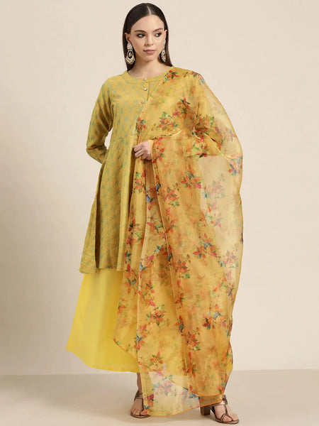 Jompers Women's Floral Pleated Dupion Silk Jacquard Kurta with Palazzos & Dupatta - Yellow - Distacart
