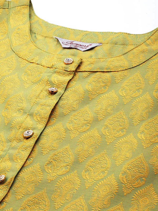 Jompers Women's Floral Pleated Dupion Silk Jacquard Kurta with Palazzos & Dupatta - Yellow - Distacart