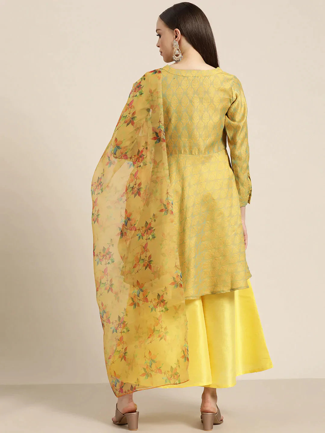 Jompers Women's Floral Pleated Dupion Silk Jacquard Kurta with Palazzos & Dupatta - Yellow - Distacart