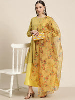 Thumbnail for Jompers Women's Floral Pleated Dupion Silk Jacquard Kurta with Palazzos & Dupatta - Yellow - Distacart