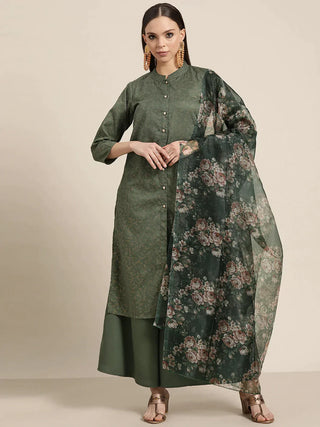 Jompers Women's Maroon Floral Embroidered Mukaish Kurta with Palazzos & Dupatta - Distacart