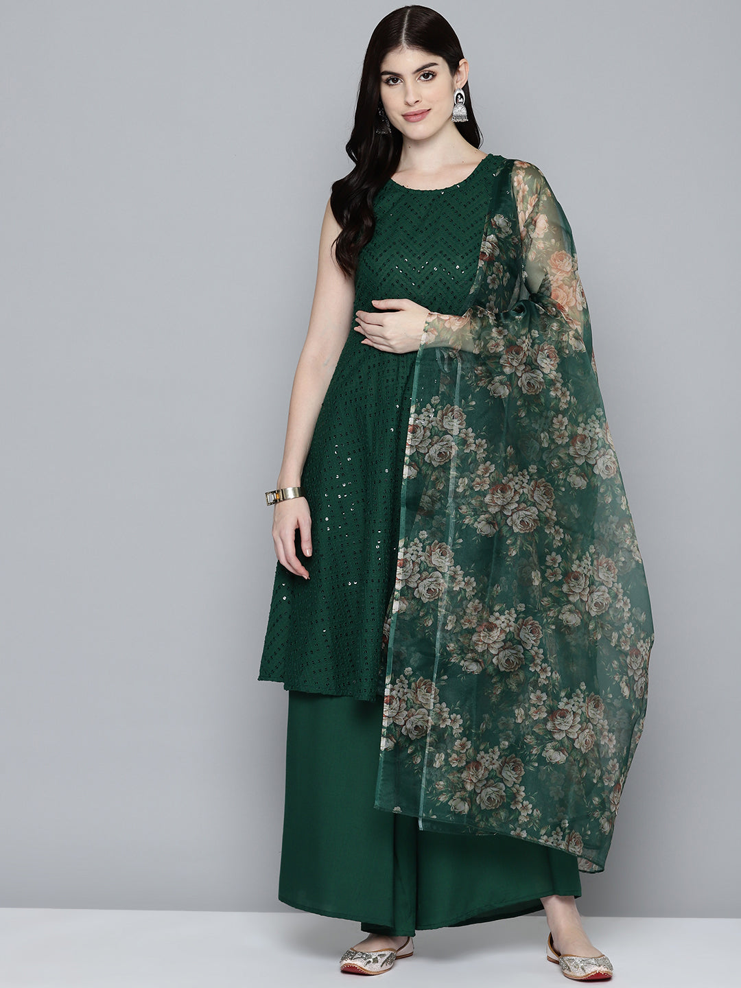 Jompers Women's Embroidered Sequinned Kurta & Palazzos With Dupatta - Green - Distacart