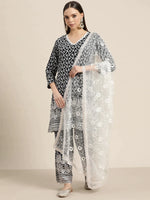 Thumbnail for Jompers Women's Ethnic Motifs Embroidered Sequinned Kurta With Palazzos & With Dupatta - Navy Blue - Distacart