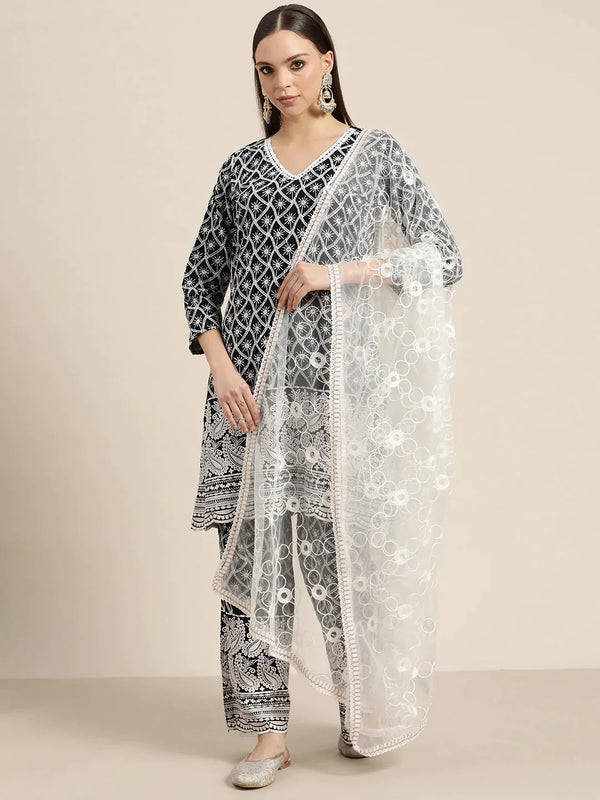 Jompers Women's Ethnic Motifs Embroidered Sequinned Kurta With Palazzos & With Dupatta - Navy Blue - Distacart