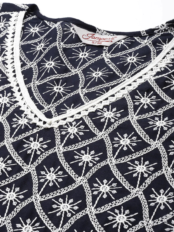 Jompers Women's Ethnic Motifs Embroidered Sequinned Kurta With Palazzos & With Dupatta - Navy Blue - Distacart