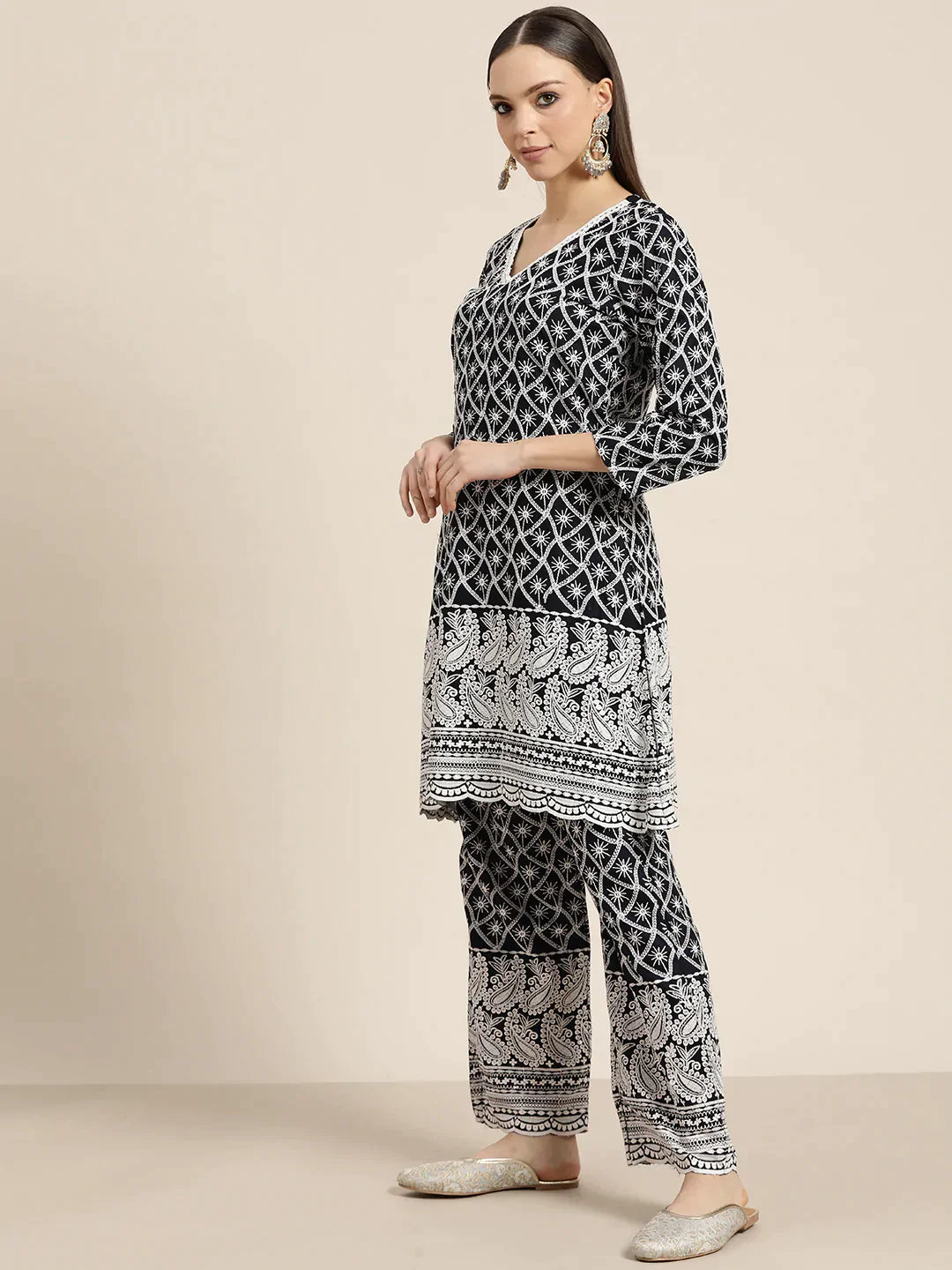 Jompers Women's Ethnic Motifs Embroidered Sequinned Kurta With Palazzos & With Dupatta - Navy Blue - Distacart