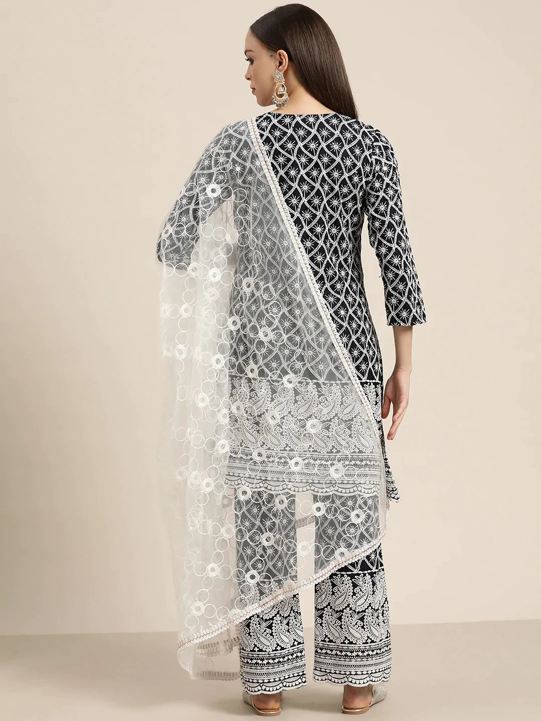 Jompers Women's Ethnic Motifs Embroidered Sequinned Kurta With Palazzos & With Dupatta - Navy Blue - Distacart