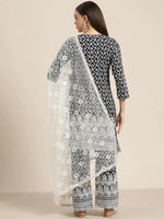 Thumbnail for Jompers Women's Ethnic Motifs Embroidered Sequinned Kurta With Palazzos & With Dupatta - Navy Blue - Distacart