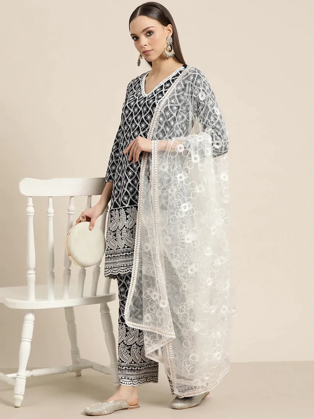 Jompers Women's Ethnic Motifs Embroidered Sequinned Kurta With Palazzos & With Dupatta - Navy Blue - Distacart