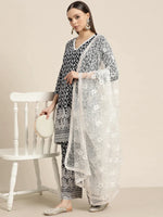 Thumbnail for Jompers Women's Ethnic Motifs Embroidered Sequinned Kurta With Palazzos & With Dupatta - Navy Blue - Distacart