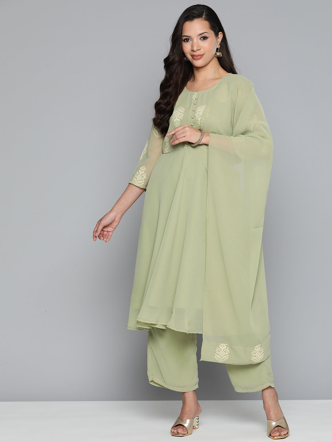 Jompers Women's Ethnic Motifs Green Printed Georgette Kurta with Palazzos & With Dupatta - Distacart