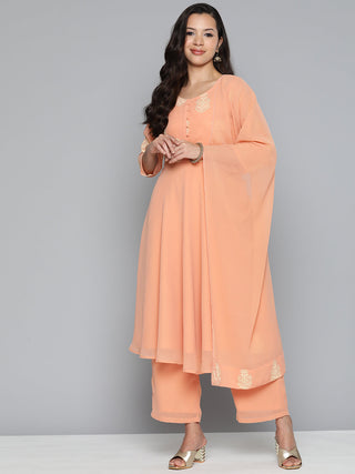 Jompers Women's Ethnic Motifs Peach Printed Georgette Kurta with Palazzos & With Dupatta - Distacart