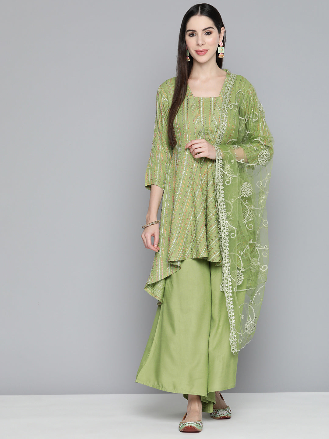 Jompers Women's Green Sequinned Kurta with Palazzos & With Dupatta - Distacart