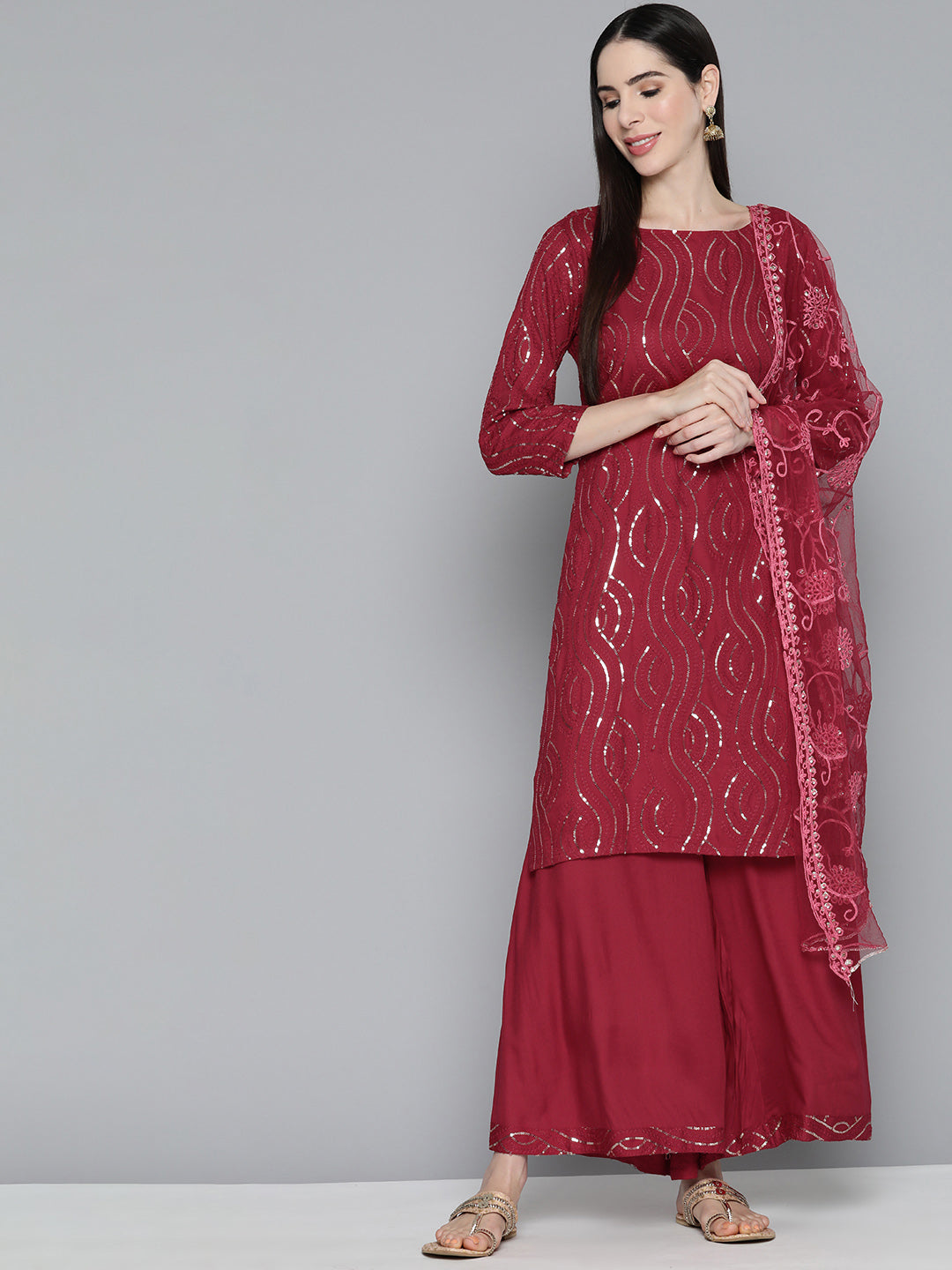 Jompers Women's Maroon Leheriya Sequinned Kurta with Palazzos & With Dupatta - Distacart