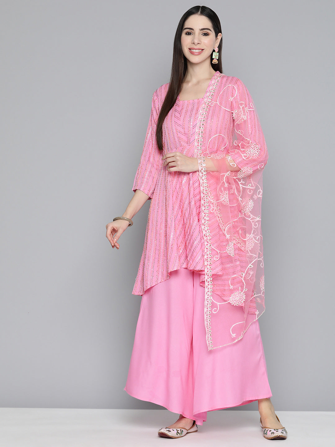 Jompers Women's Pink Sequinned Kurta with Palazzos & With Dupatta - Distacart
