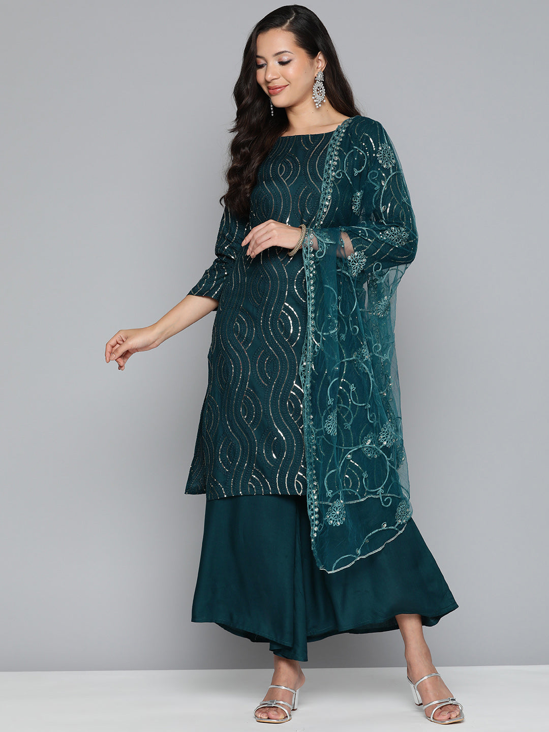 Jompers Women's Teal Leheriya Sequinned Kurta with Palazzos & With Dupatta - Distacart