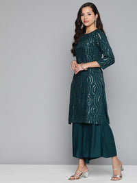 Thumbnail for Jompers Women's Teal Leheriya Sequinned Kurta with Palazzos & With Dupatta - Distacart