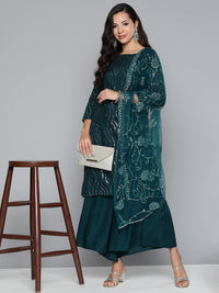 Thumbnail for Jompers Women's Teal Leheriya Sequinned Kurta with Palazzos & With Dupatta - Distacart