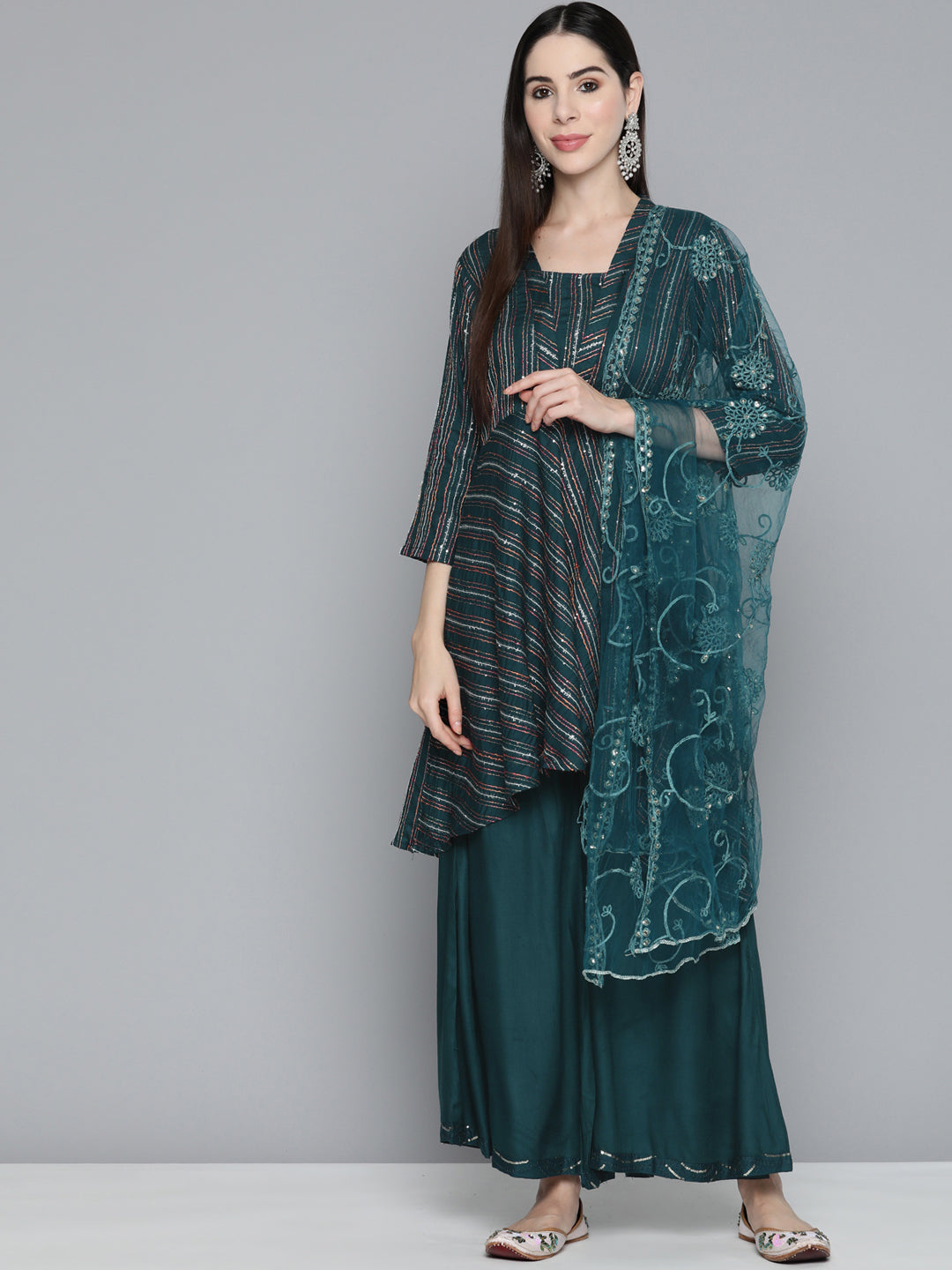 Jompers Women's Teal Sequinned Kurta with Palazzos & With Dupatta - Distacart