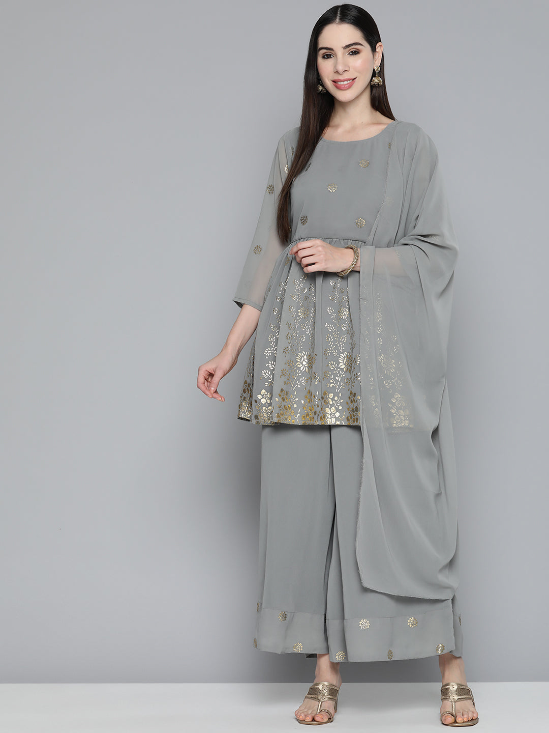 Jompers Women's Floral Printed Pleated Grey Georgette Kurta with Palazzos & With Dupatta - Distacart