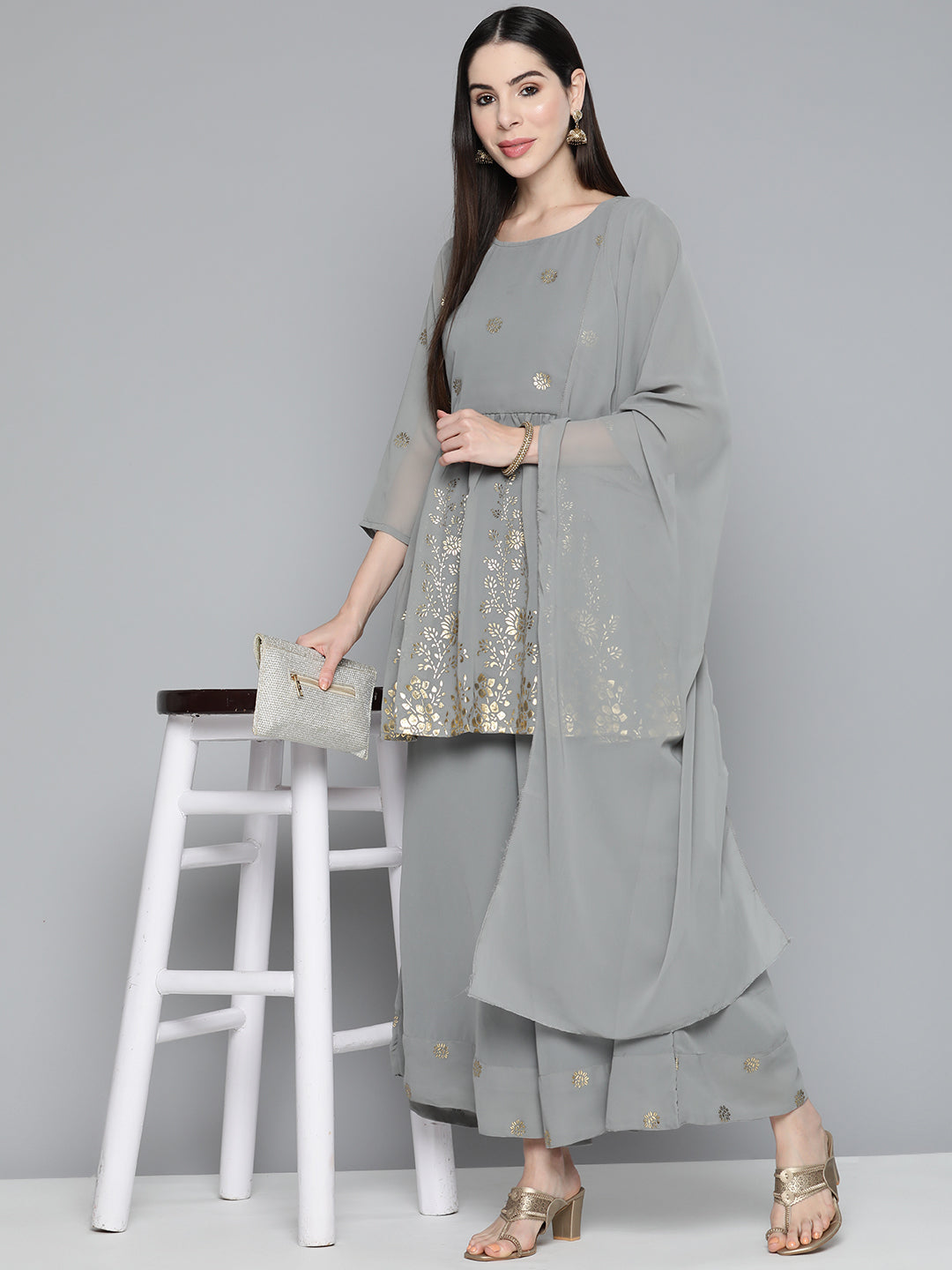 Jompers Women's Floral Printed Pleated Grey Georgette Kurta with Palazzos & With Dupatta - Distacart