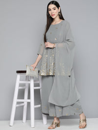 Thumbnail for Jompers Women's Floral Printed Pleated Grey Georgette Kurta with Palazzos & With Dupatta - Distacart