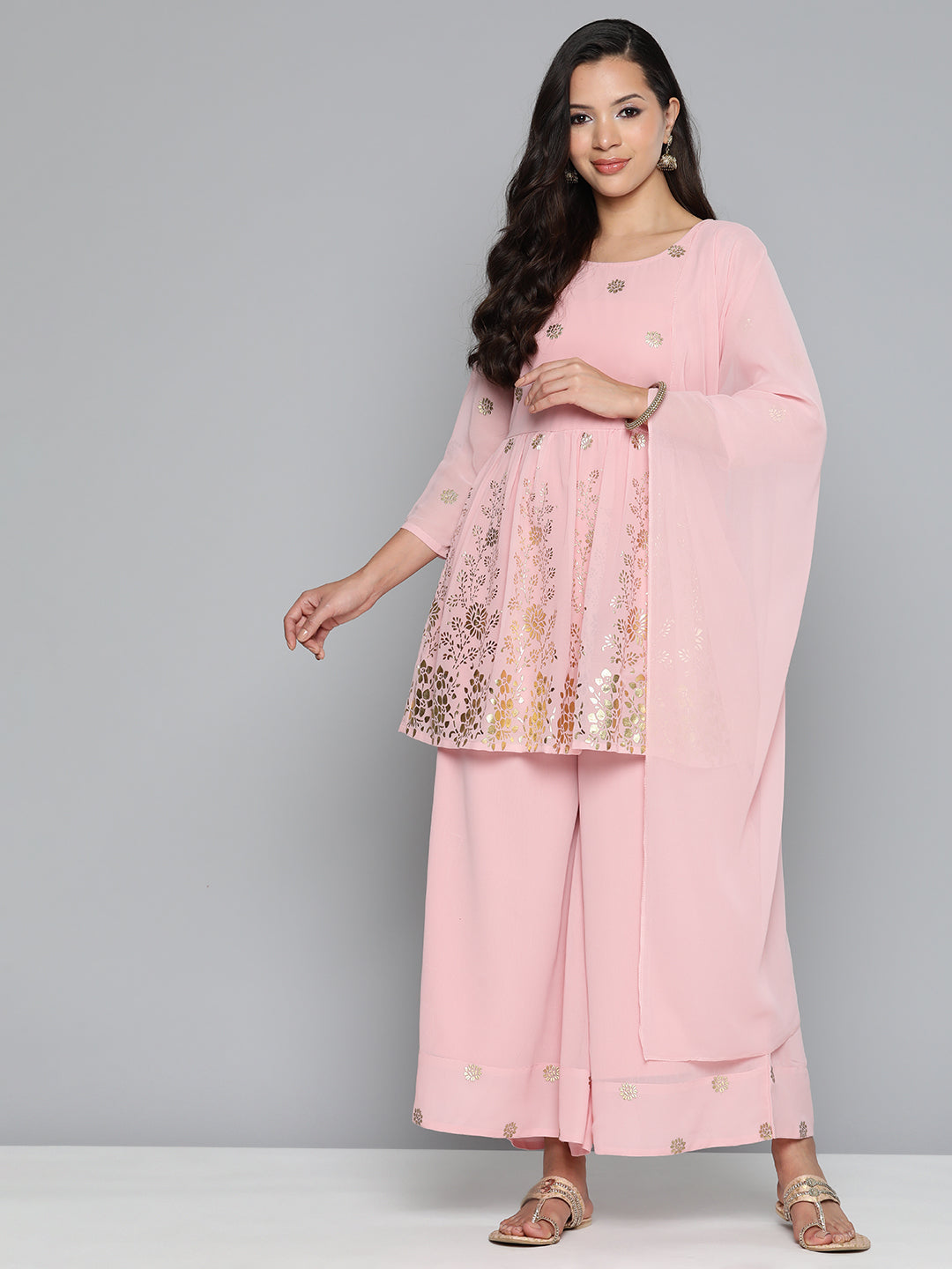 Jompers Women's Floral Printed Pleated Pink Georgette Kurta with Palazzos & With Dupatta - Distacart
