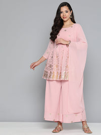 Thumbnail for Jompers Women's Floral Printed Pleated Pink Georgette Kurta with Palazzos & With Dupatta - Distacart