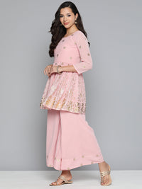 Thumbnail for Jompers Women's Floral Printed Pleated Pink Georgette Kurta with Palazzos & With Dupatta - Distacart
