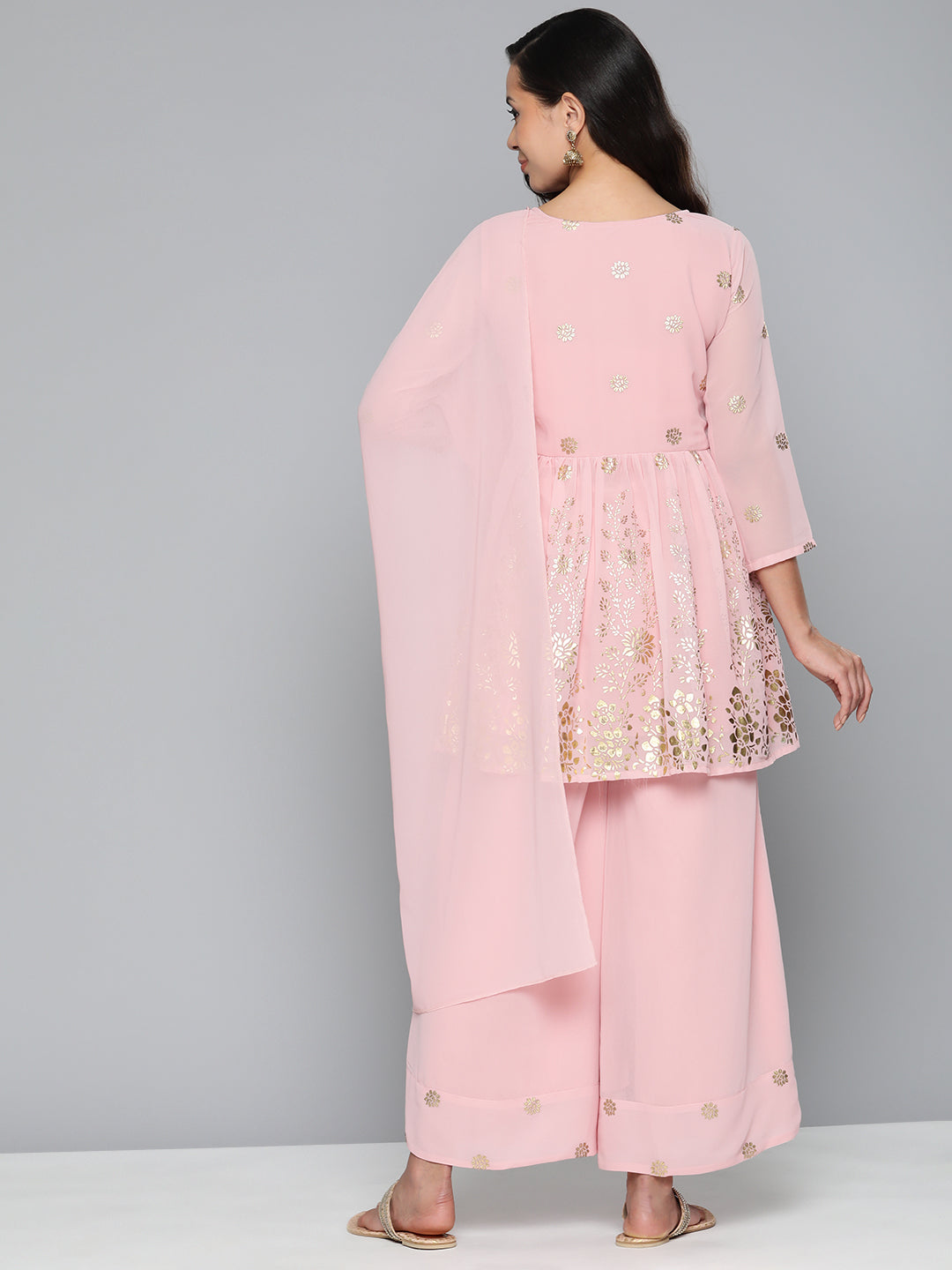 Jompers Women's Floral Printed Pleated Pink Georgette Kurta with Palazzos & With Dupatta - Distacart